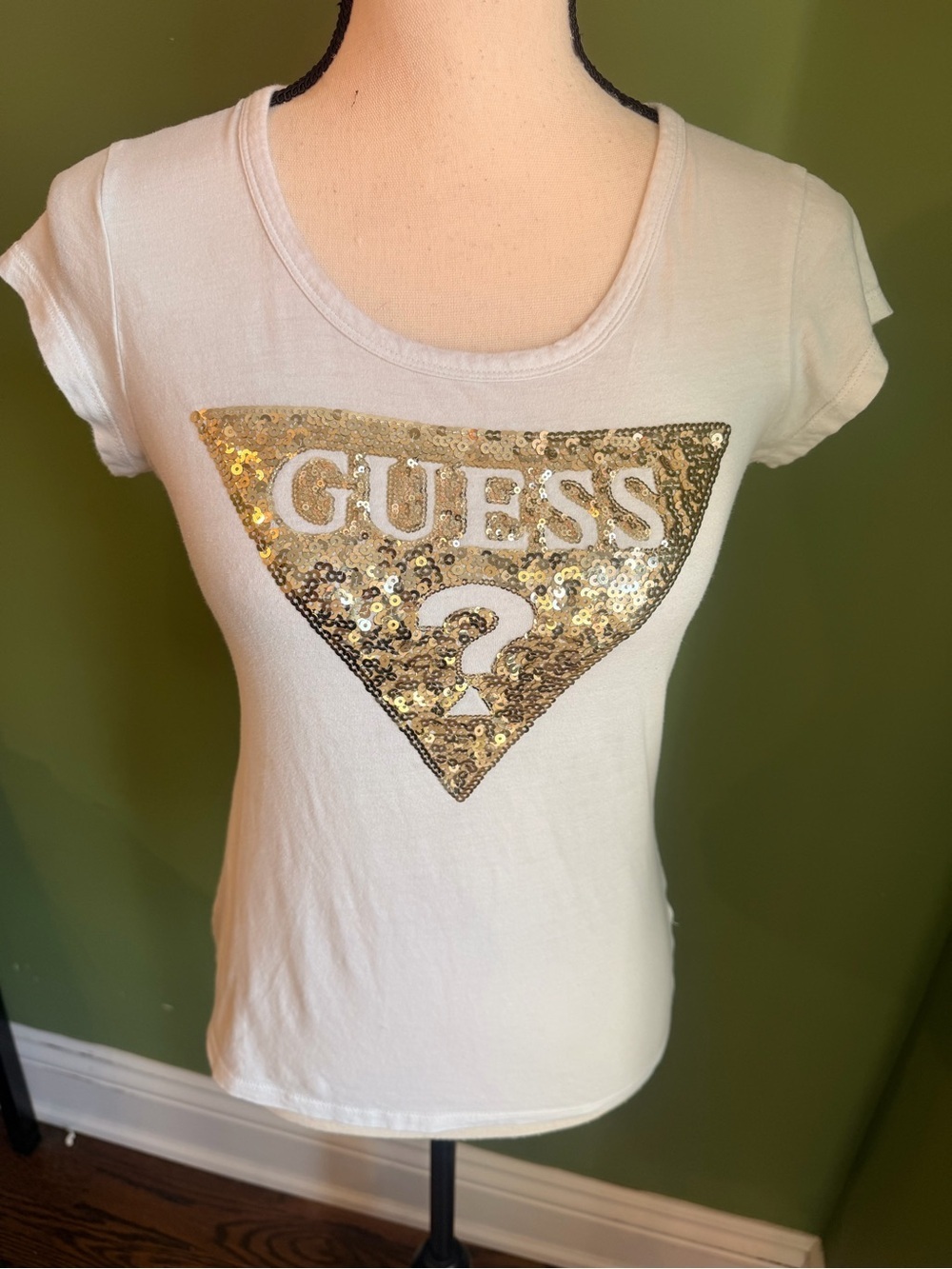 Guess White Tee with Gold Sequin Triangle Logo